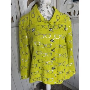 Berek Linen Jacket Diamond Rhinestones Glasses Neon Yellow Art To Wear Large